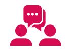 Hot pink icon of two people and conversation boxes