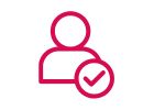 Hot pink outline of a head and body icon with a circle and check mark.