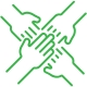 graphic outline in green of four hands coming together in the middle